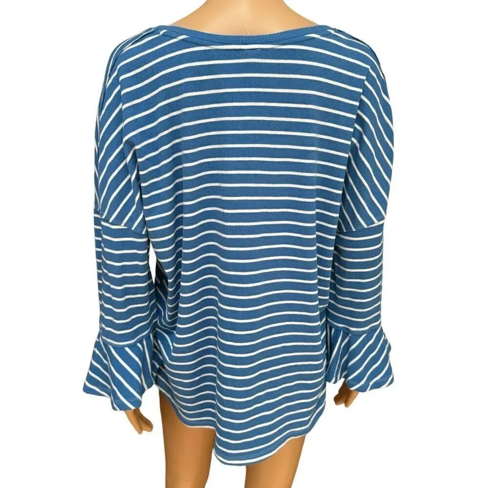 Free People Round About Tee Top Peplum Hem Striped Blue White Combo Sz M